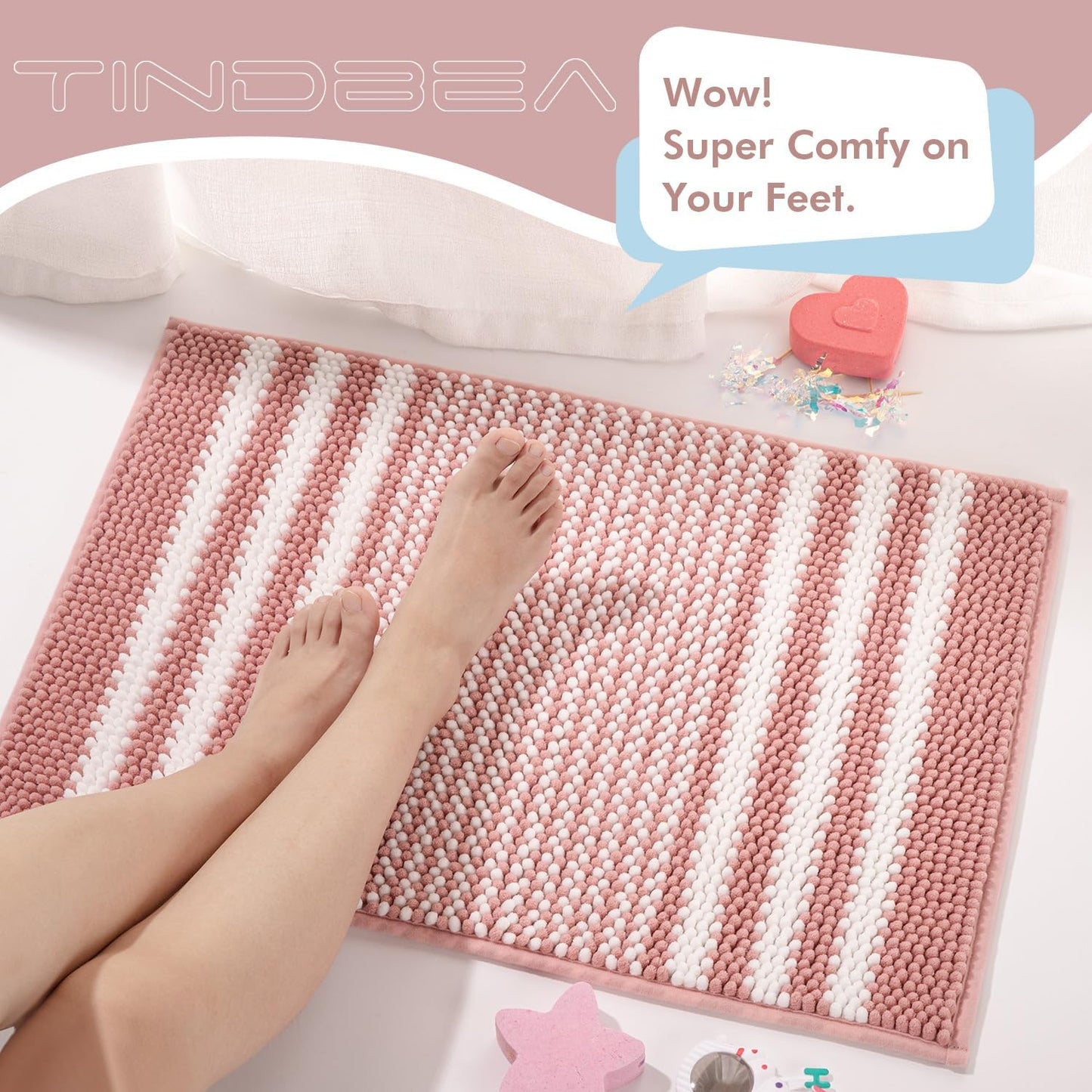 Tindbea Bathroom Rugs Set 2 Piece, Extra Soft and Absorbent Fluffy Striped Chenille Bath Mat Rug Set, Non Slip Bathroom Floor Mat, Machine Washable (20" x 32" Plus 16" x 24", Pink)