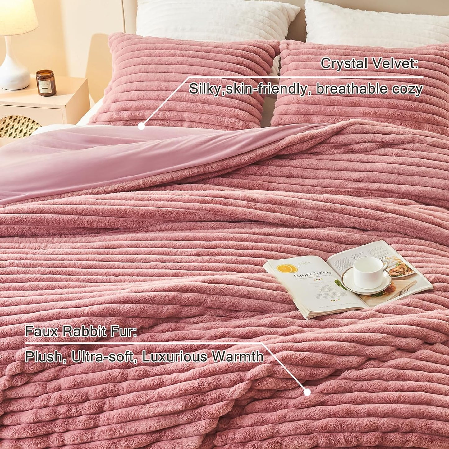 EMME Faux Fur Duvet Cover Queen Size, 3 Pieces Ultra Soft Fluffy Comforter Cover, Cozy Warm for Winter, Luxury Elegant Shaggy Striped Design Bedding, 1 Duvet Cover & 2 Pillow Shams (Queen, Old Pink)