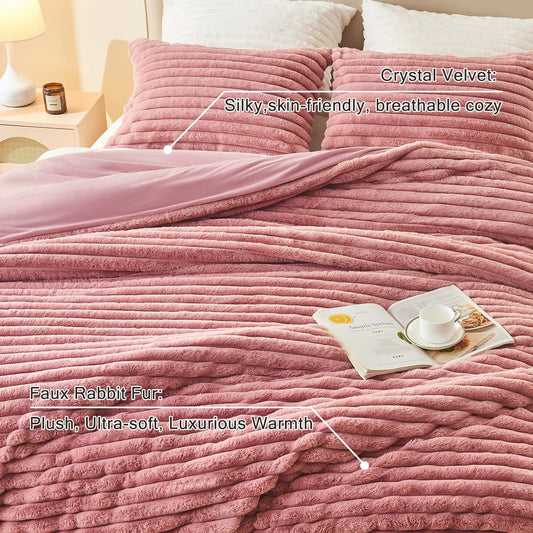 EMME Faux Fur Duvet Cover Queen Size, 3 Pieces Ultra Soft Fluffy Comforter Cover, Cozy Warm for Winter, Luxury Elegant Shaggy Striped Design Bedding, 1 Duvet Cover & 2 Pillow Shams (Queen, Old Pink)