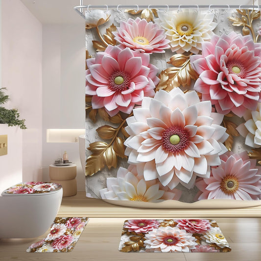Riyidecor Pink Girly Floral 4Pcs Bathroom Shower Curtain Sets Vintage Flower Gold Relief Sculpture Bathroom Decor Set with Rugs and Accessories Retro Toilet Lid Rug, Contour and Bath Mat with 12 Hooks