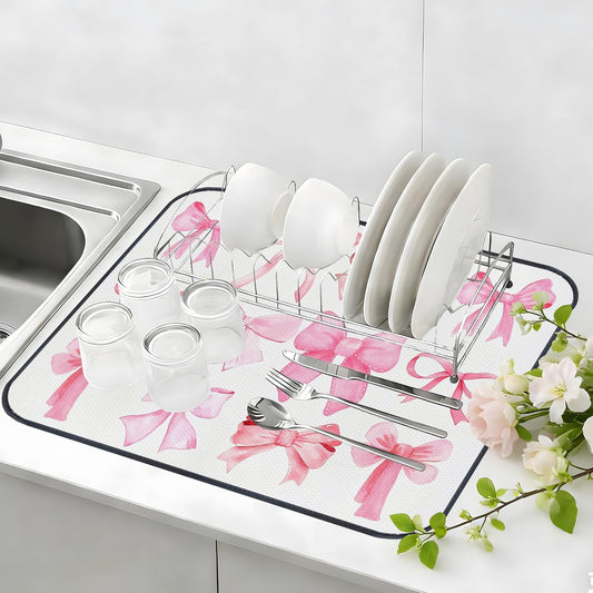 Pink Bow Dish Drying Mat,Coquette Pink Bow Absorbent Dish Drying Mat，Kitchen Accessories For Countertop，Dish Drainer Mat For Kitchen Counter，20 X 15inch