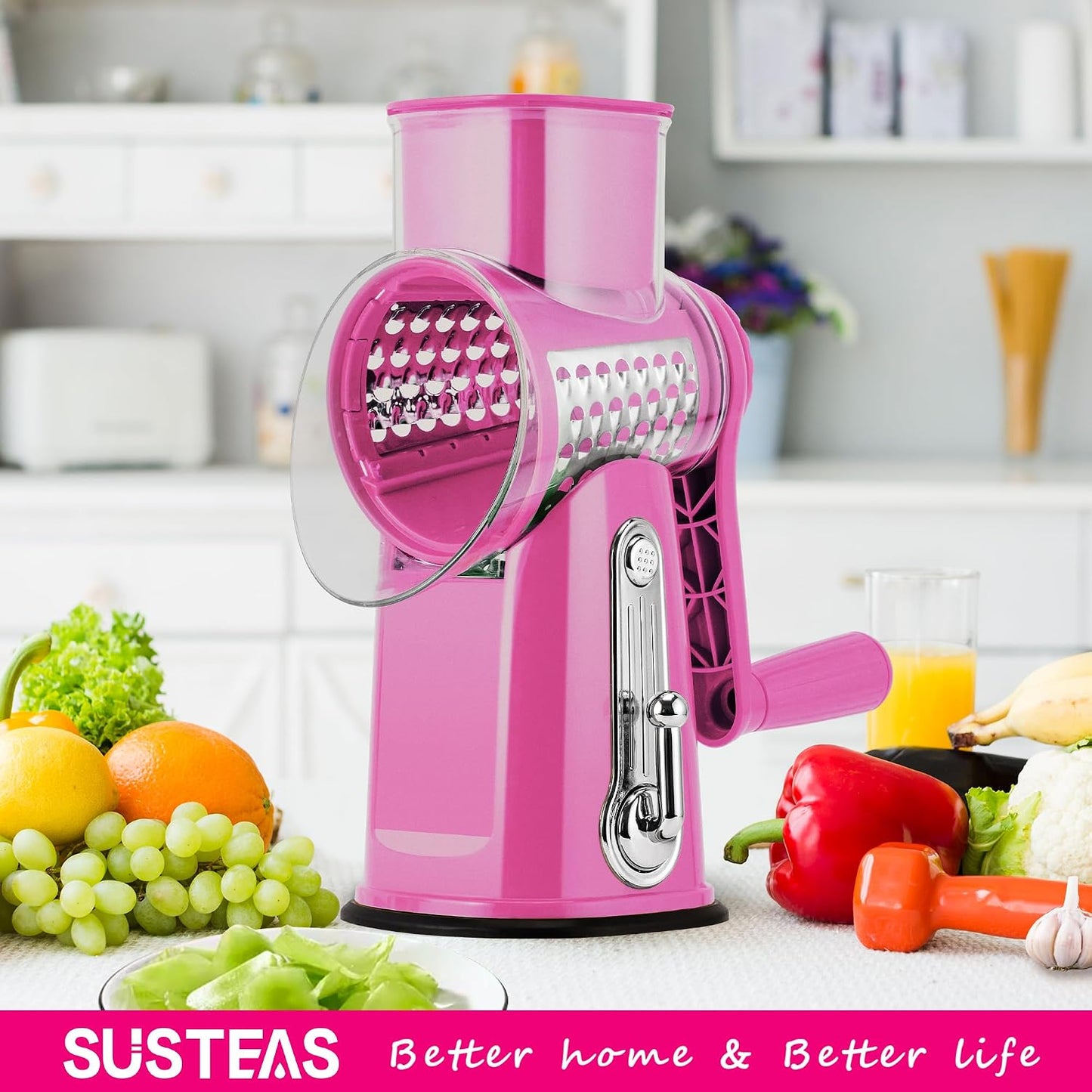 SUSTEAS Rotary Cheese Grater with Handle - Vegetable Shredder with 5 Well-designed Blades & Strong Suction Base,Round Mandoline Slicer & Food Chopper for Kitchen,with Blade Storage Box(Pink)