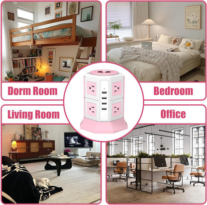 Pink Tower Power Strip with Overload Protection | HITRENDS 8 AC Outlets + 4 USB Ports | 16AWG/ 6.5Ft Extension Cord with Multiple Outlets | Space-Saving Design for Office & Home(1250W, 1050J)