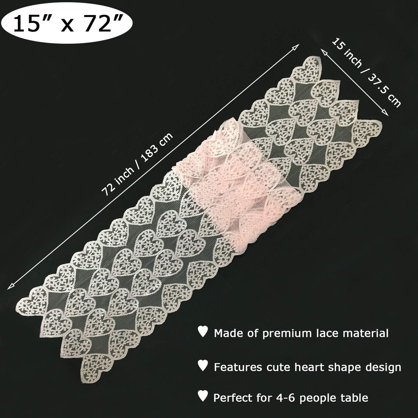 Valentines Day Table Runner - Light Pink Lace Table Runners for Weddings, Valentines Day Table Decorations - Romantic Love Heart Table Runner for Home Dining Table - 12 x 72 Inch