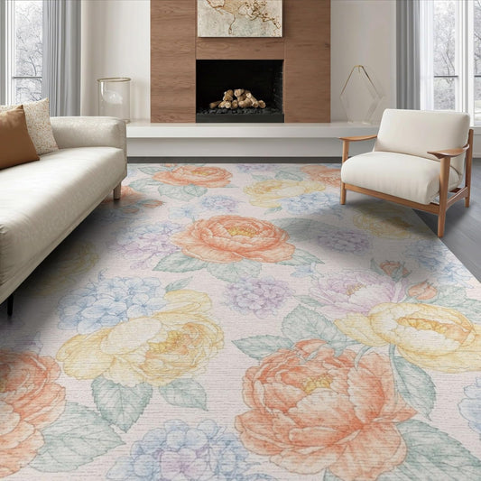8'x10' Washable Cottagecore Floral Area Rug, Peach Foldable Oversized Carpet Non-Slip Flatwoven Floor Covering for Living Room, Under Sectional, Family Room | Ref:1899611