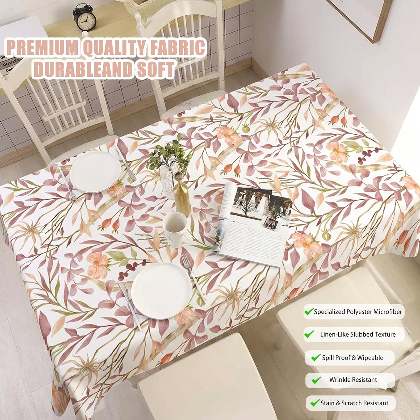 Floral Linen Texture Tablecloth, 60 x 60 Inch, Watercolor Print | Stain & Spill Resistant, Wrinkle Resistant, Reinforced Hem Stitching, Washable Polyester, Fade Resistant Print