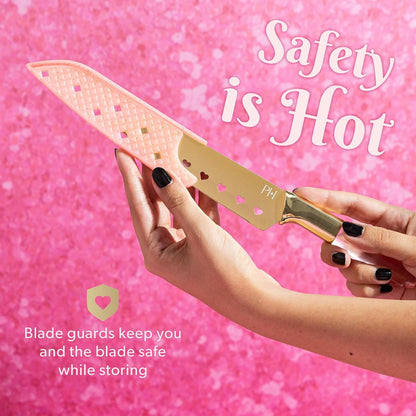Paris Hilton Stainless Steel Knife Set with Jewel Shaped Handles and Gold Blades, Iconic Cutlery Set, 4-Piece, Pink