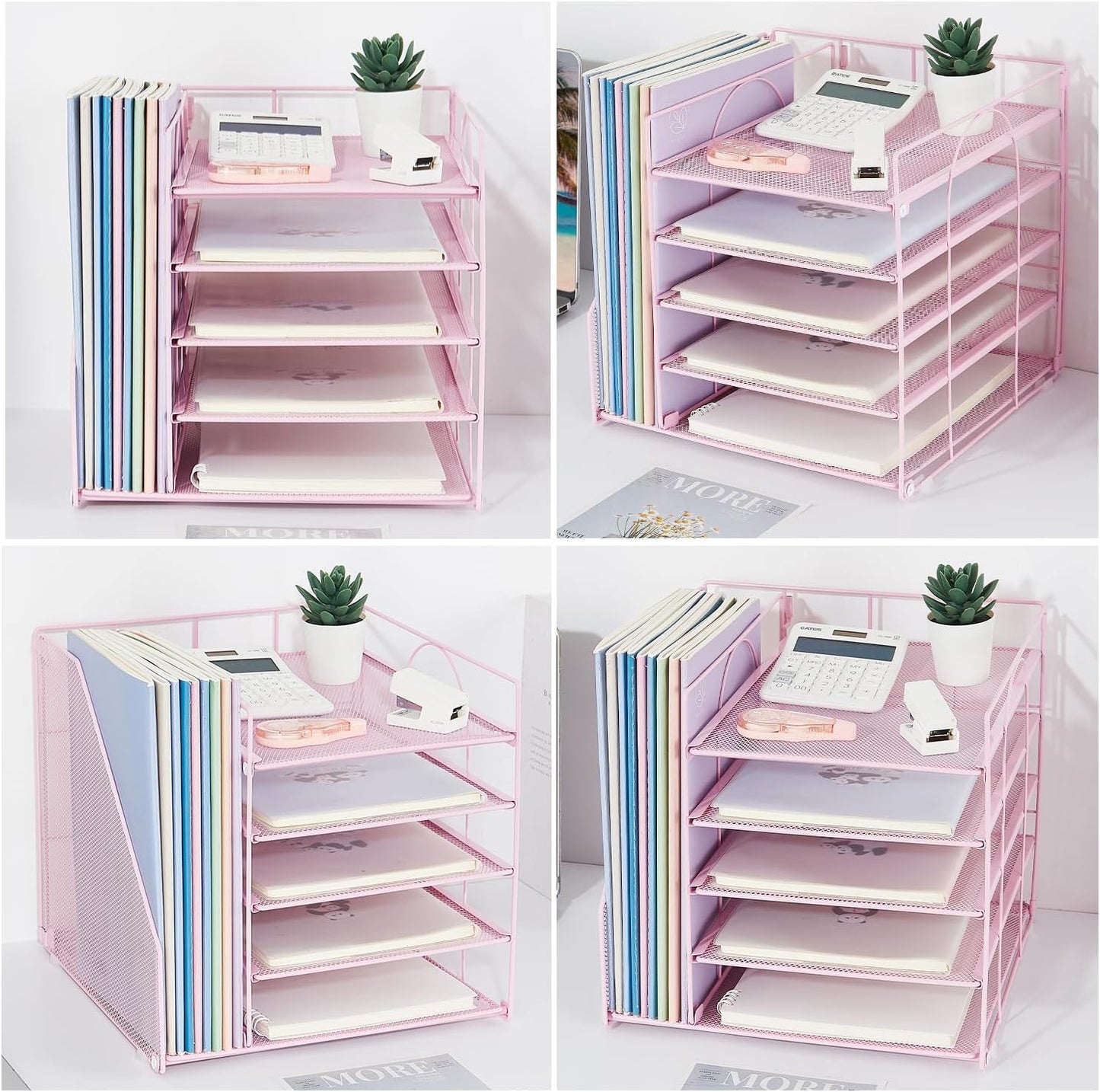 LEKETREE Desk Organizers and Accessories, 5-Tier Paper Letter Tray Organizer with File Holder, Desktop Organizer for Office Supplies (Pink)
