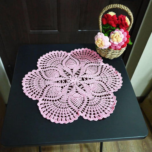 Handmade Crochet Lace Doily 15.5 inches to 17.5 inches Round 6 Petals Flower Placemats Coasters Vintage Doilies Vase Cup Mats (1, Pink)