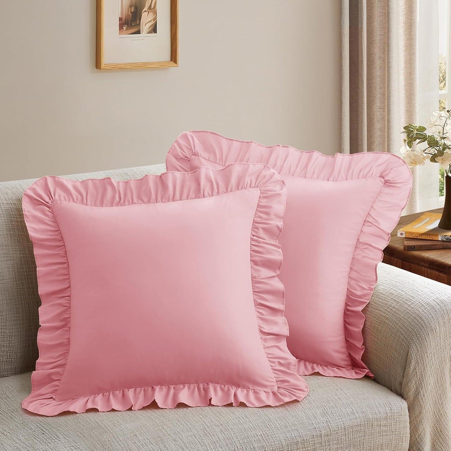 2 Pack Ruffle Throw Pillow Covers 18x18 Inches, Light Pink Square Pillow Cases Microfiber Decorative Pillow Shams for Sofa Couch Bedroom Living Room