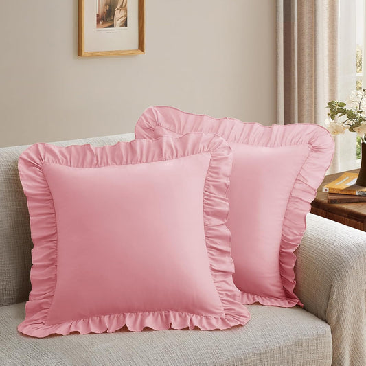 2 Pack Ruffle Throw Pillow Covers 20x20 Inches, Light Pink Square Pillow Cases Microfiber Decorative Pillow Shams for Sofa Couch Bedroom Living Room