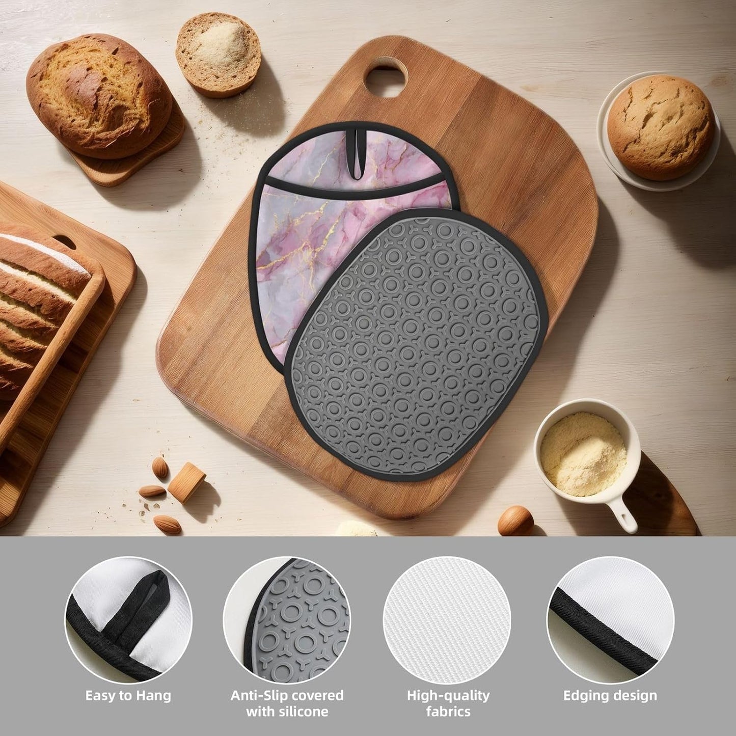 Light Pink Marble with Gold Silicone Pot Holders,2pcs, Heat Resistant Oven Mitts Large Potholders for Kitchen Cooking Baking Hot Pads