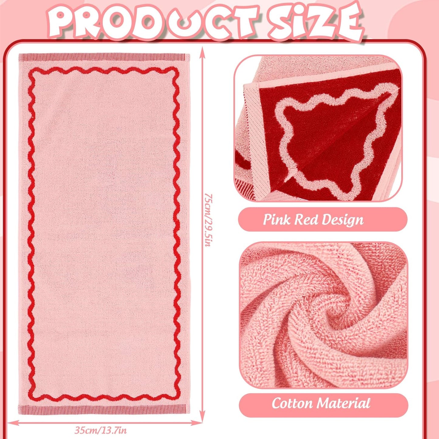 Whaline Pink Red Scalloped Hand Towels Decorative Towel 2 Pack Print Cotton Bathroom Towel for Kitchen Drying Cleaning, 29.5 x 13.7 Inch