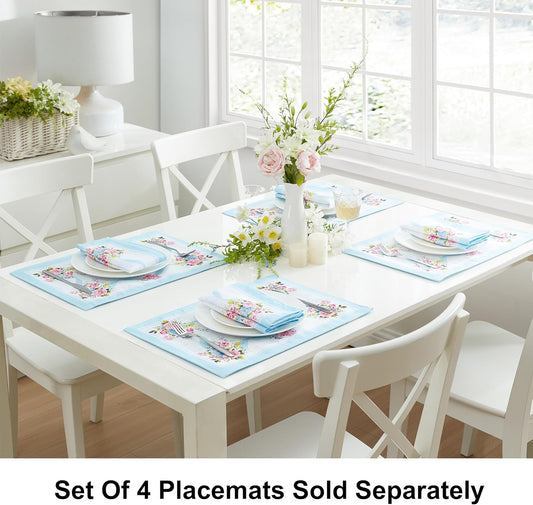 Newbridge Cottage Rose Fabric Placemats, 13 x 19 Inch, Easy Care Wrinkle and Stain Resistant Blue and Pink Floral Set of 4 Placemats for Indoor Outdoor Party Dining