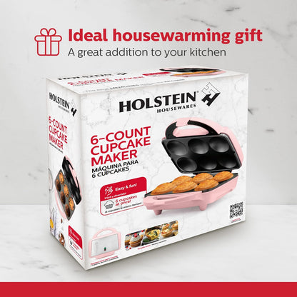 Holstein Housewares Non-Stick 6-Count Electric Cupcake Maker Machine – Bakes 6 Cupcakes, Muffins, Pizza Cups, Cinnamon Buns – Perfect for Gifts, Birthdays, Holidays, or Bake Sales, Pink
