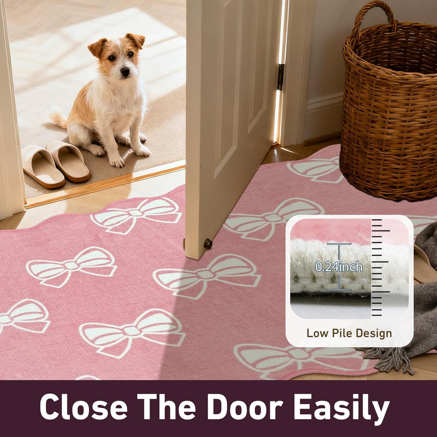 Pink Bow 2x6 Runner Rug for Hallway Entryway, Washable Cute Scalloped Bedside Rug for Living Room, Soft Low Pile Bowknet Rugs for Girls Bedroom Decor, Non Slip Carpet for Dorm Playroom Kitchen