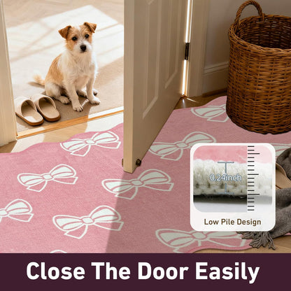 Pink Bow 2x6 Runner Rug for Hallway Entryway, Washable Cute Scalloped Bedside Rug for Living Room, Soft Low Pile Bowknet Rugs for Girls Bedroom Decor, Non Slip Carpet for Dorm Playroom Kitchen