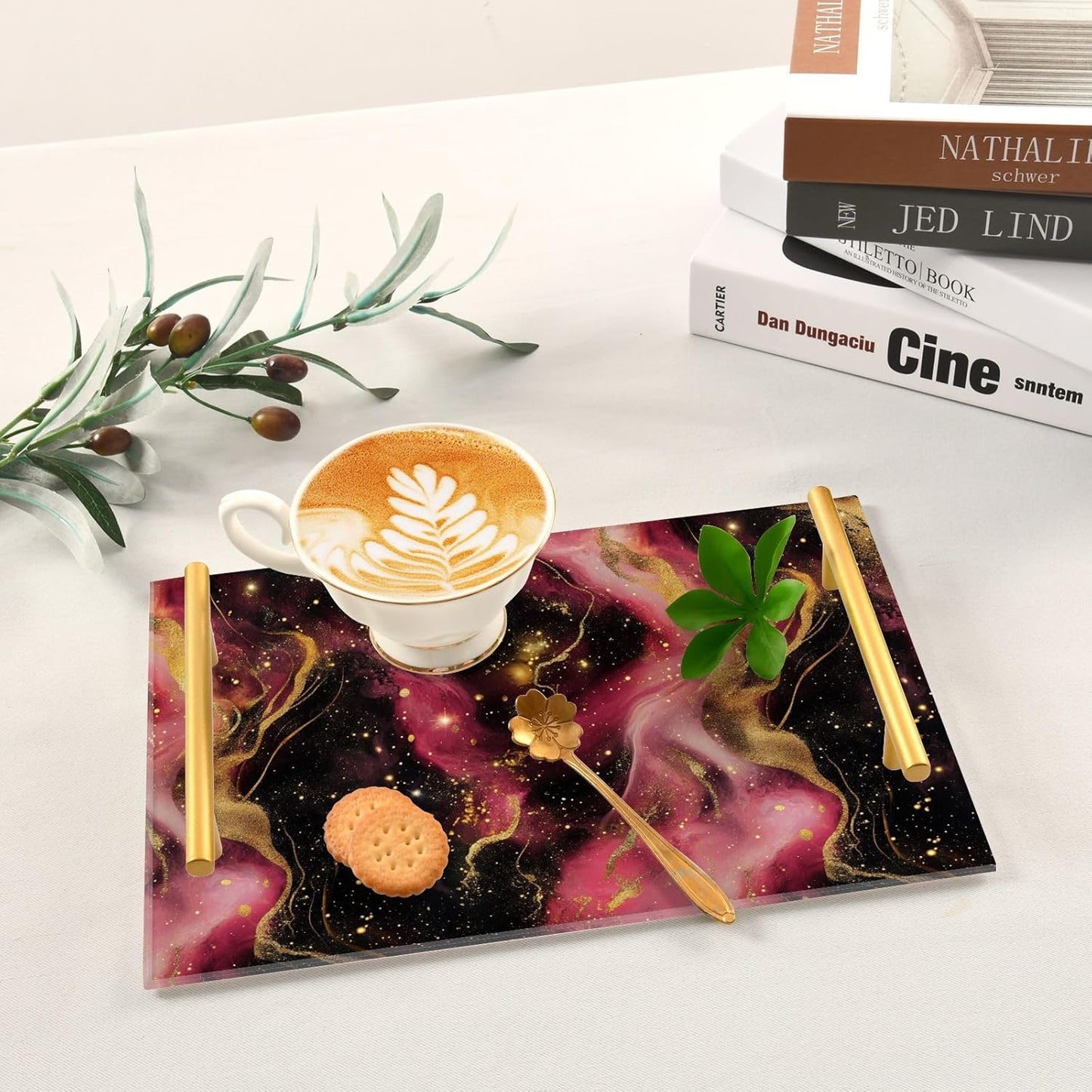 Golden Peach Waves Marble Decorative Acrylic Breakfast Tray with Handles Tray for Coffee Table for Jewelry Perfume for Dinner Serving bandeja decorativa para perfumes