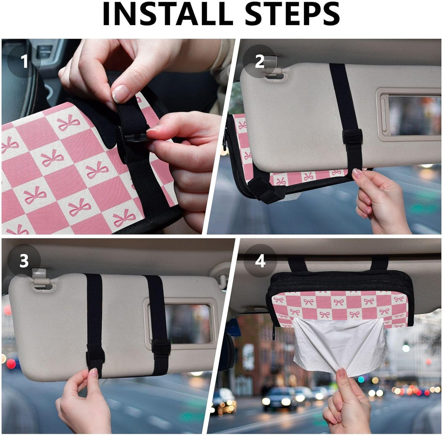 Car Tissue Holder Car Visor Organizer Tissue Box Holder for Car Sun Visor Organizer with Car Vehicle Accessories Essentials Interior for Women Men Pink Bows Checkerboard