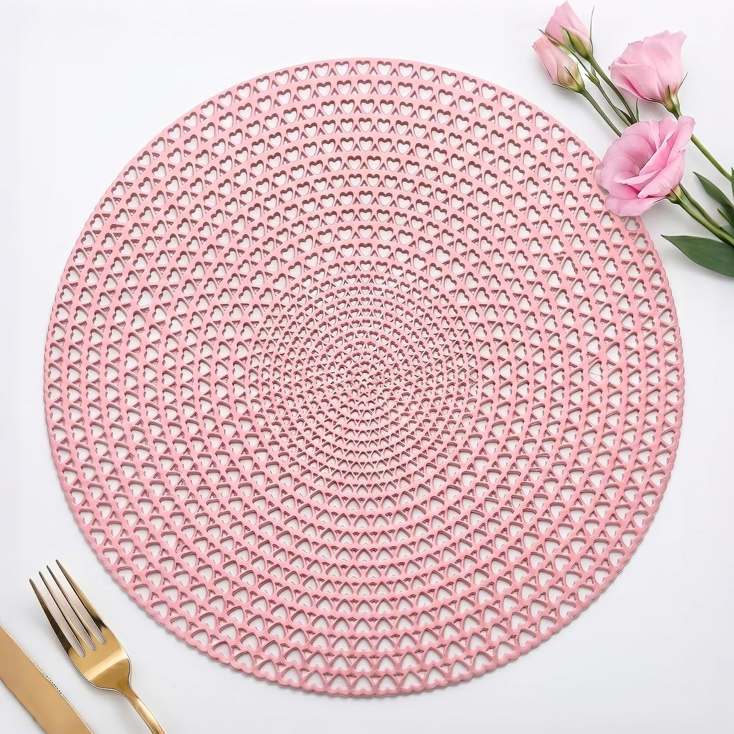 FAVE Pink Vinyl 6PC Round Placemats, Washable Table Mats for dinnner Party