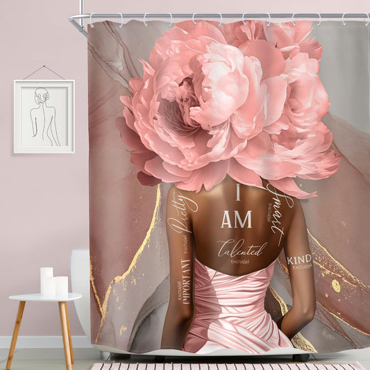 MESHELLY Pink Black Girl Shower Curtain 60Wx72H Abstract Marble African American Floral Flower for Bathroom Positive Quotes Bath Curtain Black Women Bathroom Decor Fabric with 12 Hooks