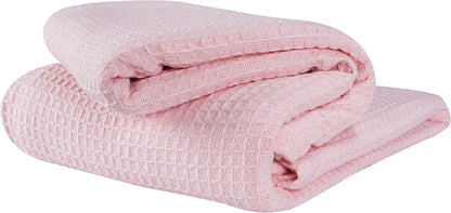 GLAMBURG 100% Cotton Thermal Blanket, Breathable Waffle Blanket, Queen Size, All Season, Baby Pink