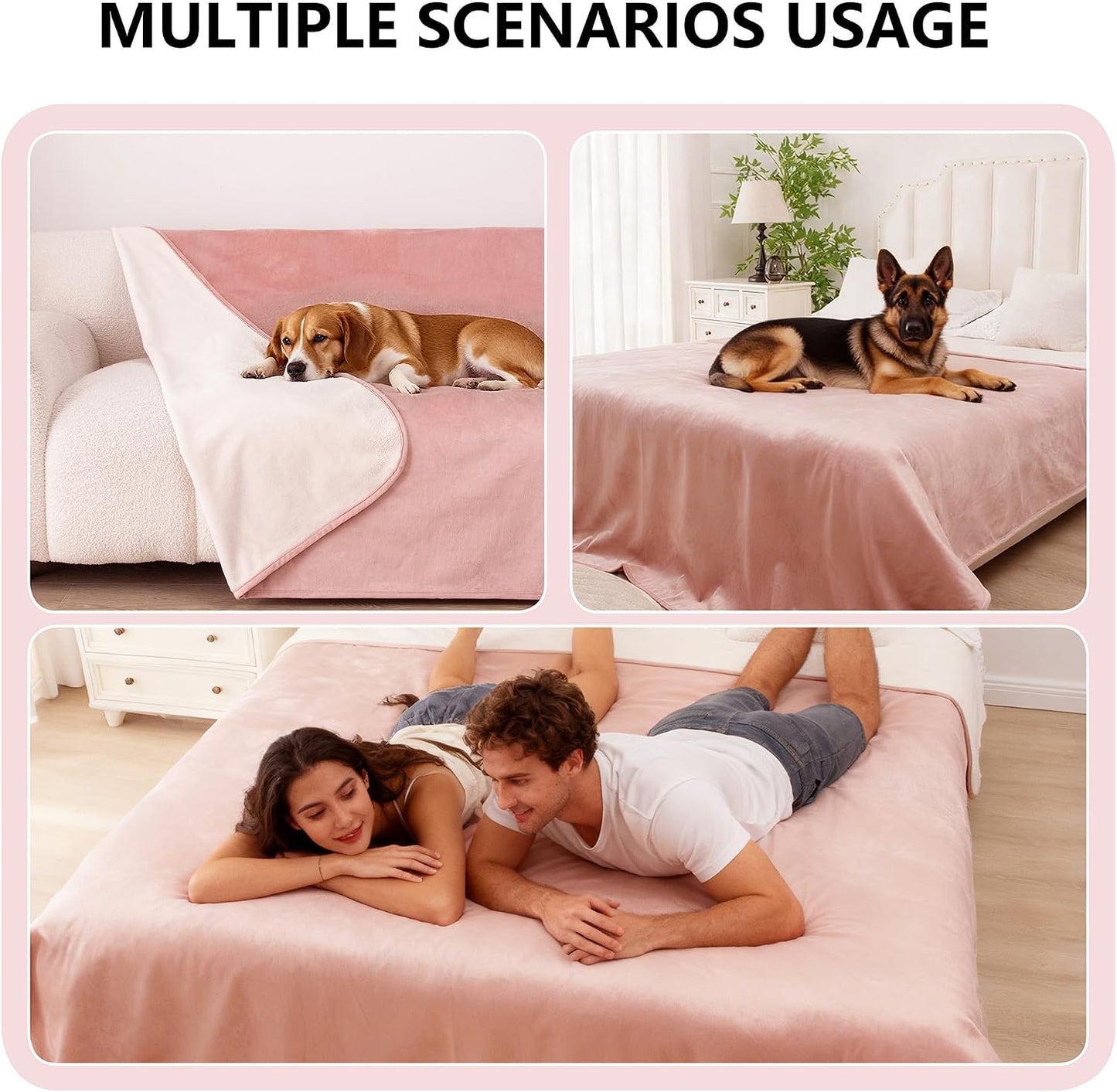 Waterproof Dog Blanket for Couch, Reversible Pet Throw Blankets Leak Proof Sofa Bed Protector for Furniture Machine Washable-68x82,Pink+Cream