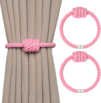 NICEEC 2 Pack Natural Cotton Rope Magnetic Curtain Tiebacks Boho Simple Style Drape Tie Backs Elegant Hand Weave Rope Knot Decorative Curtain Holdbacks for Home & Office Window Drapery (Pink)