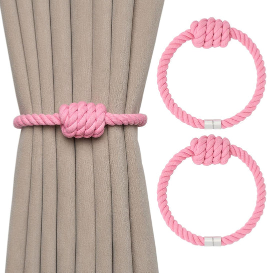 NICEEC 2 Pack Natural Cotton Rope Magnetic Curtain Tiebacks Boho Simple Style Drape Tie Backs Elegant Hand Weave Rope Knot Decorative Curtain Holdbacks for Home & Office Window Drapery (Pink)
