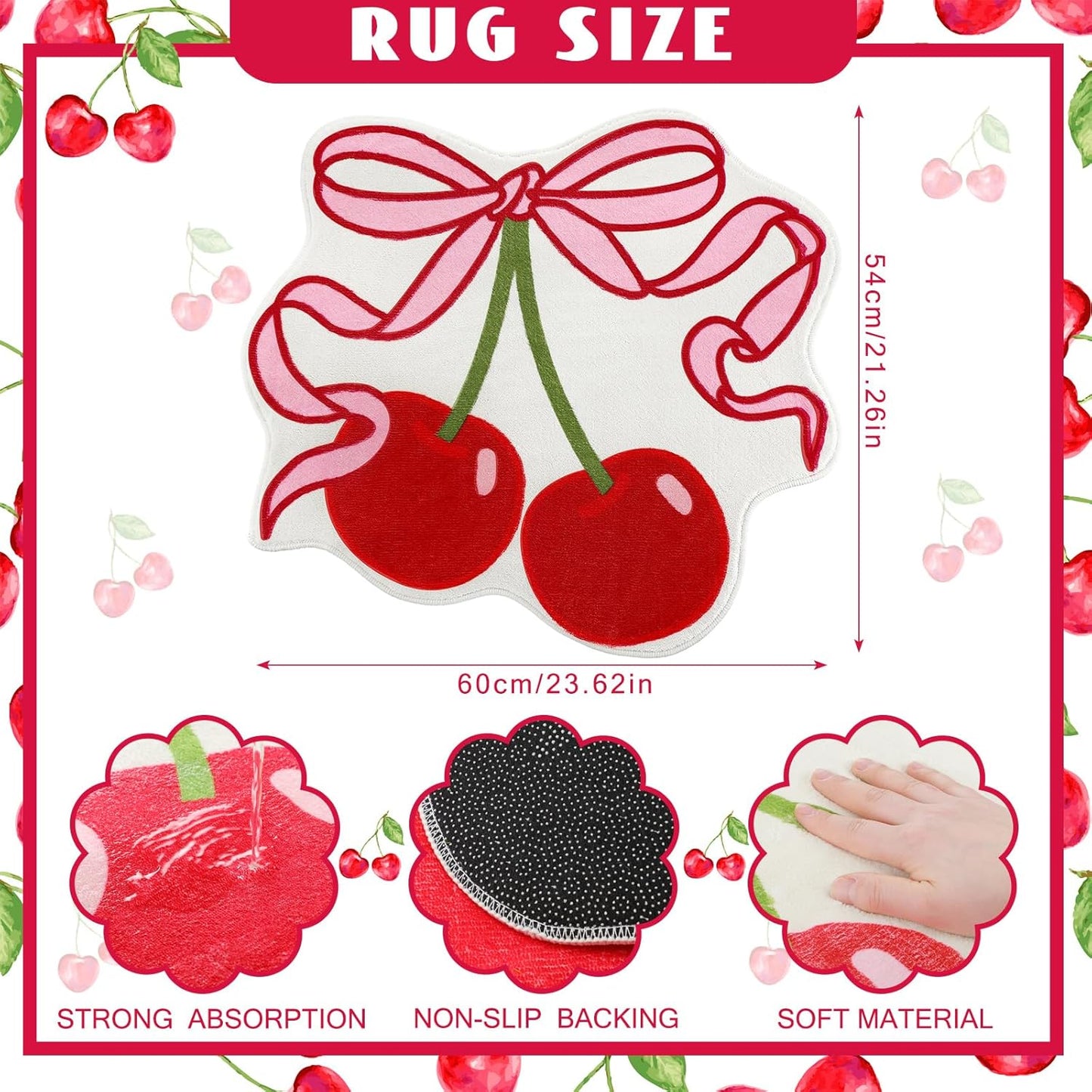 Duraaamo Cherry Bow Bathroom Rug 23.6 x 21.3'' Pink Bow Cute Cherry Bath Decor Soft Non Slip Absorbent Rugs Coquette Fruit Carpet Washable Bathtub Mat for Kitchen Living Room Home Bathtub