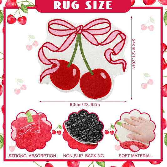 Duraaamo Cherry Bow Bathroom Rug 23.6 x 21.3'' Pink Bow Cute Cherry Bath Decor Soft Non Slip Absorbent Rugs Coquette Fruit Carpet Washable Bathtub Mat for Kitchen Living Room Home Bathtub