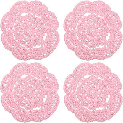uxcell Crochet Doilies, 4Pcs 4" - Cotton Woven Fabric Coasters, Lace Round Handmade Coasters with Floral Pattern for Wedding Party Decoration (Pink)