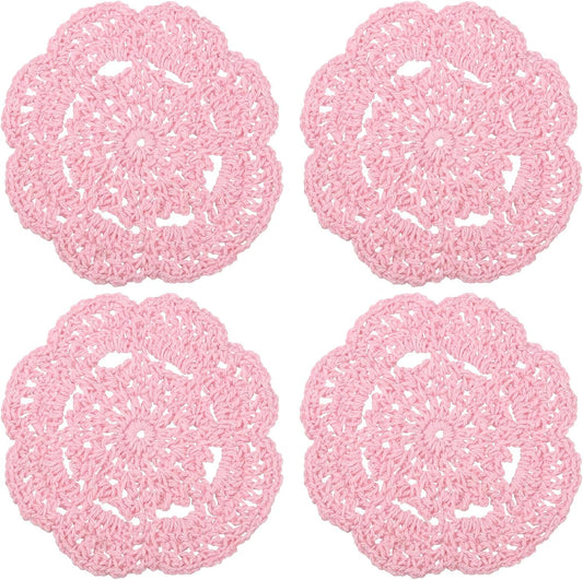 uxcell Crochet Doilies, 4Pcs 4" - Cotton Woven Fabric Coasters, Lace Round Handmade Coasters with Floral Pattern for Wedding Party Decoration (Pink)