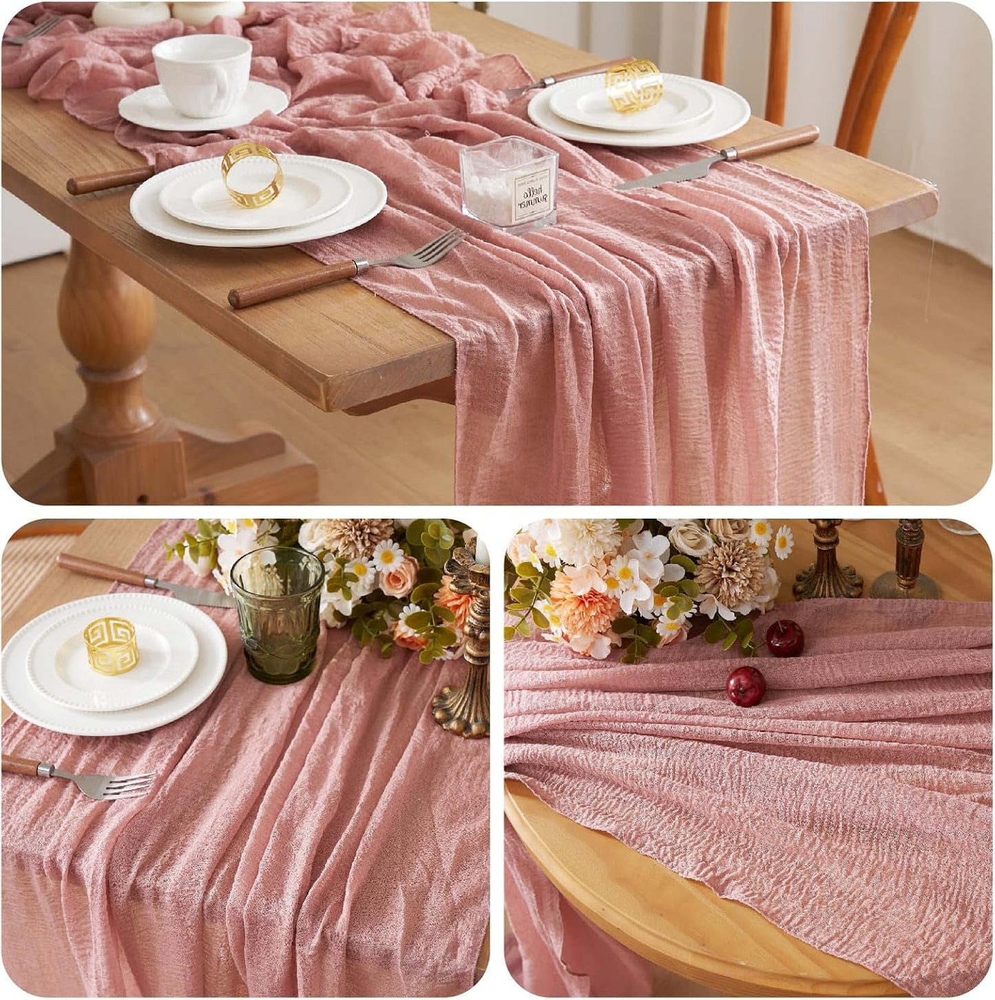 2Pcs Cheesecloth Table Runner Blush Pink 10FT Boho Gauze Cheese Cloth Table Runners 120 Inches Long Rustic Sheer for Centerpiece Home Party Christmas Wedding Baby Shower Spring Easter Decor