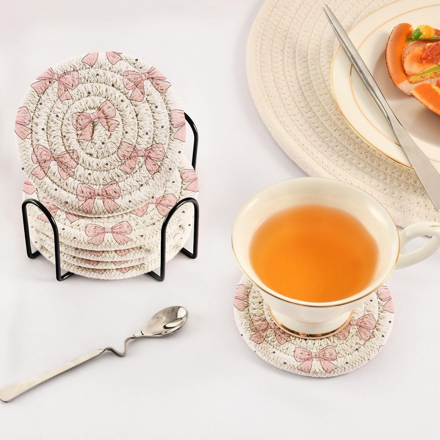 6 Pcs Bows Light Pink Drink Coasters with Holder,Round Woven Coaster Set Absorbent Coasters for Tabletop Protection Table Home Decor, 4 Inch