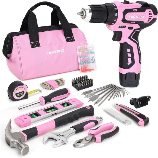 FASTPRO 175-Piece 12V Pink Drill Set, Cordless Driver and Tool Kit, House Repairing Tool with 12-Inch Storage Bag, For DIY, Home Maintenance