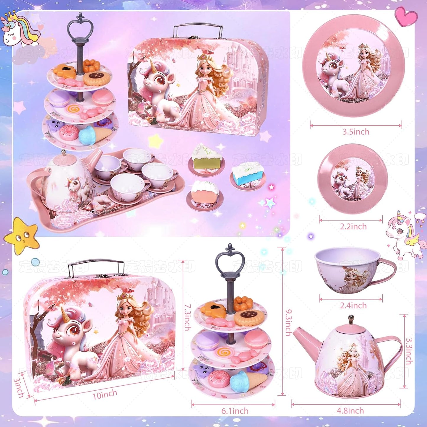 Unicorn Tea Party Set for Girls, Pretend Play Toy with Pink Tin Teapot, 4 Cups & Plates, Portable Carrying Case, Educational Gift for Toddlers Ages 3 4 5 6 7 (Swn)
