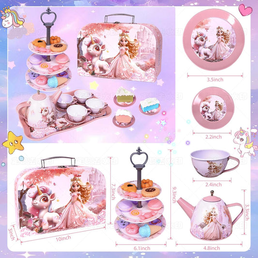 Unicorn Tea Party Set for Girls, Pretend Play Toy with Pink Tin Teapot, 4 Cups & Plates, Portable Carrying Case, Educational Gift for Toddlers Ages 3 4 5 6 7 (Swn)