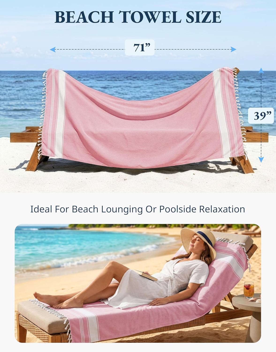 LANE LINEN Turkish Beach Towel Set of 4 - Beach Towels, Pre-Washed Pool Towel, Extra Large Beach Towel, Quick Dry & Sand Free, Absorbent Travel Towel, 39"x71" - Candy Pink