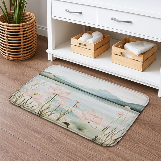 Water Lily Floral Quick Dry Bath Mat, Elegant Peach Water Lily Absorbent Non Slip Shower Mat, Spring Memory Foam Washable Bath Rugs for Bathroom Toilet Restroom Decorative 20x32 Inch