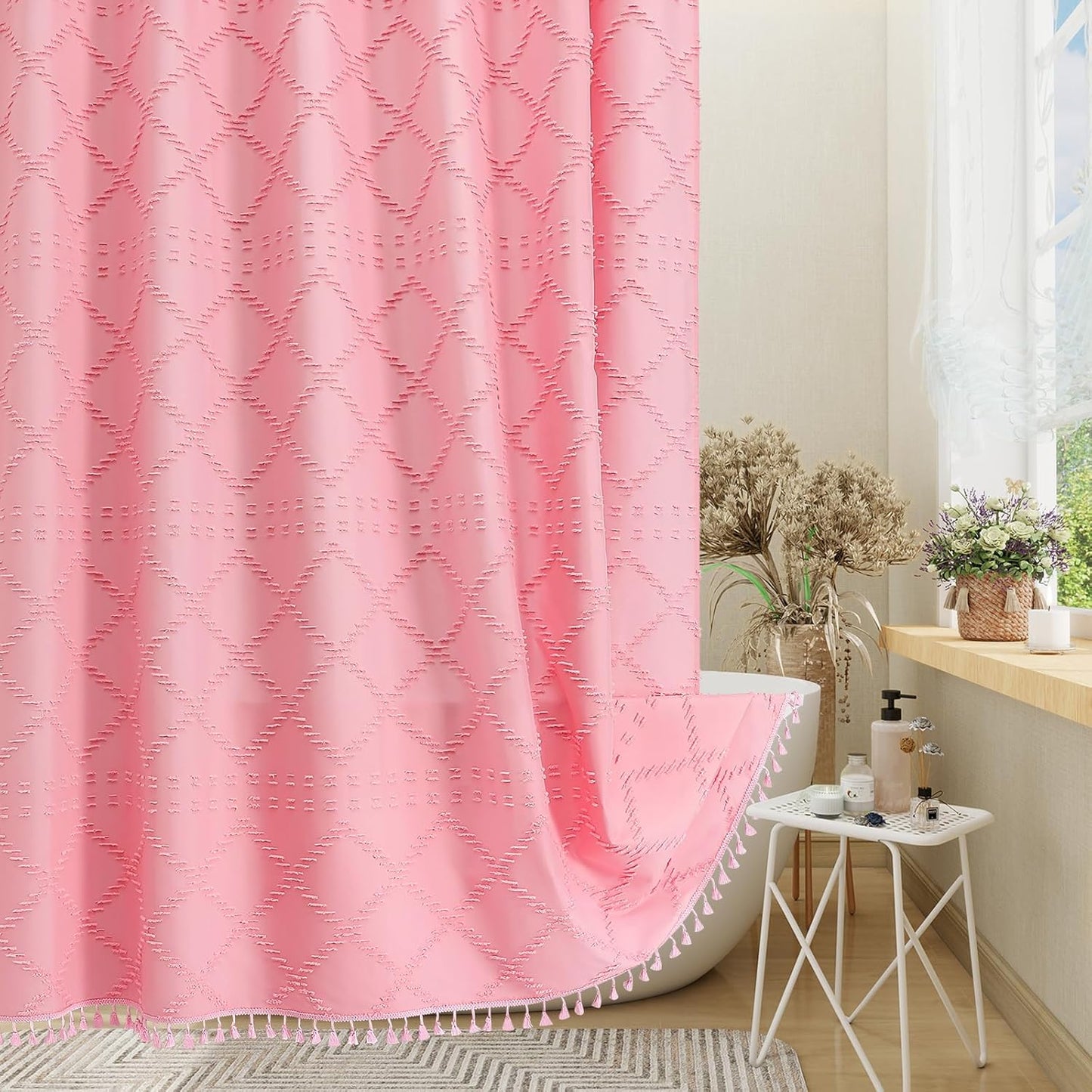 Boho Pink Woven Fabric Shower Curtain with Tassel 72 x 72 Modern Farmhouse Minimalist, Bohemia Tufted Chevron Striped Chic Textured, Waterproof Cloth Curtain for Bathroom, Hotel Decor