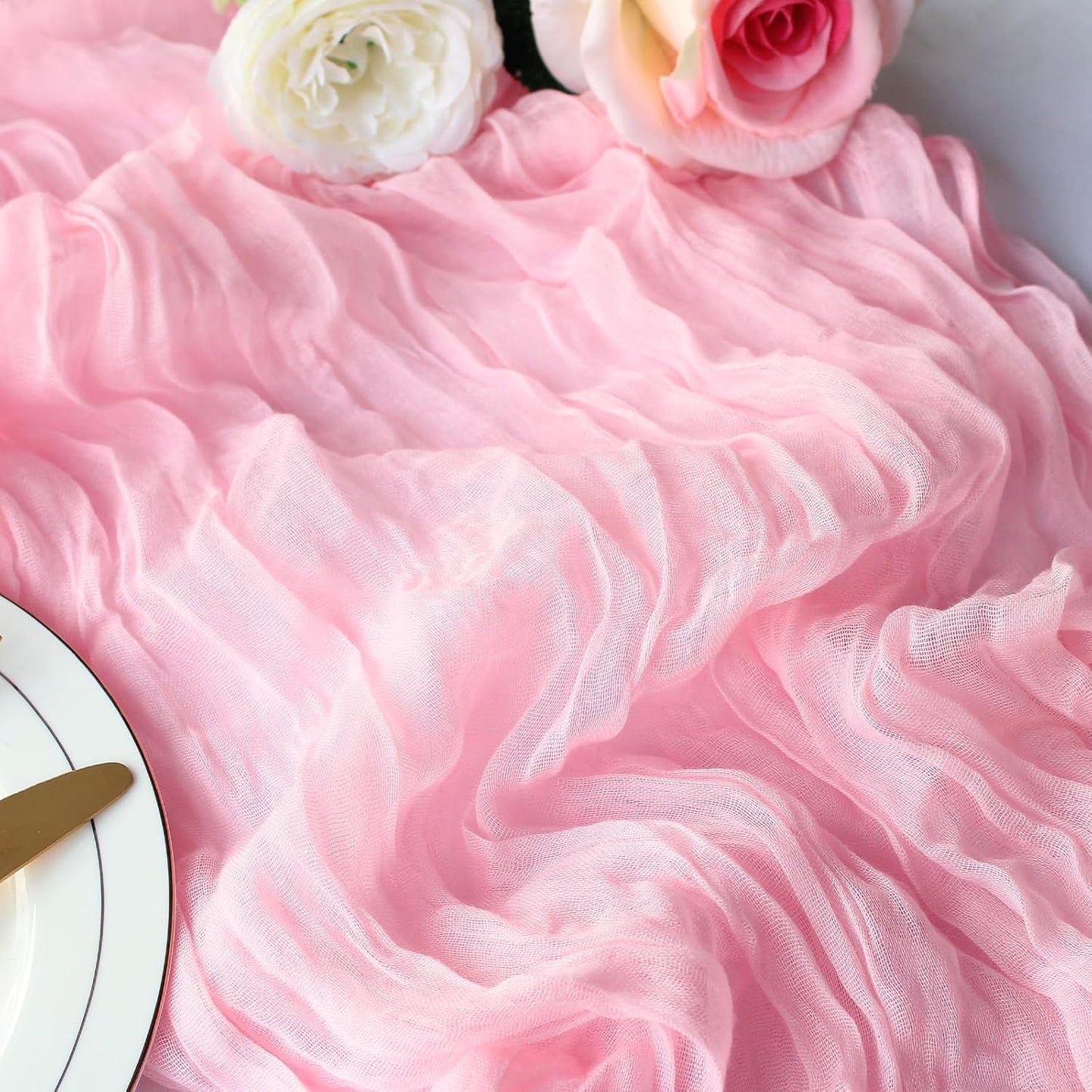 Pink Cheesecloth Table Runner 12 Pack 120 Inch Light Pink Cheese Cloth Table Runner 10ft Long Gauze Table Runners for Wedding Decor Bridal Shower Baby Shower Party Table Decorations