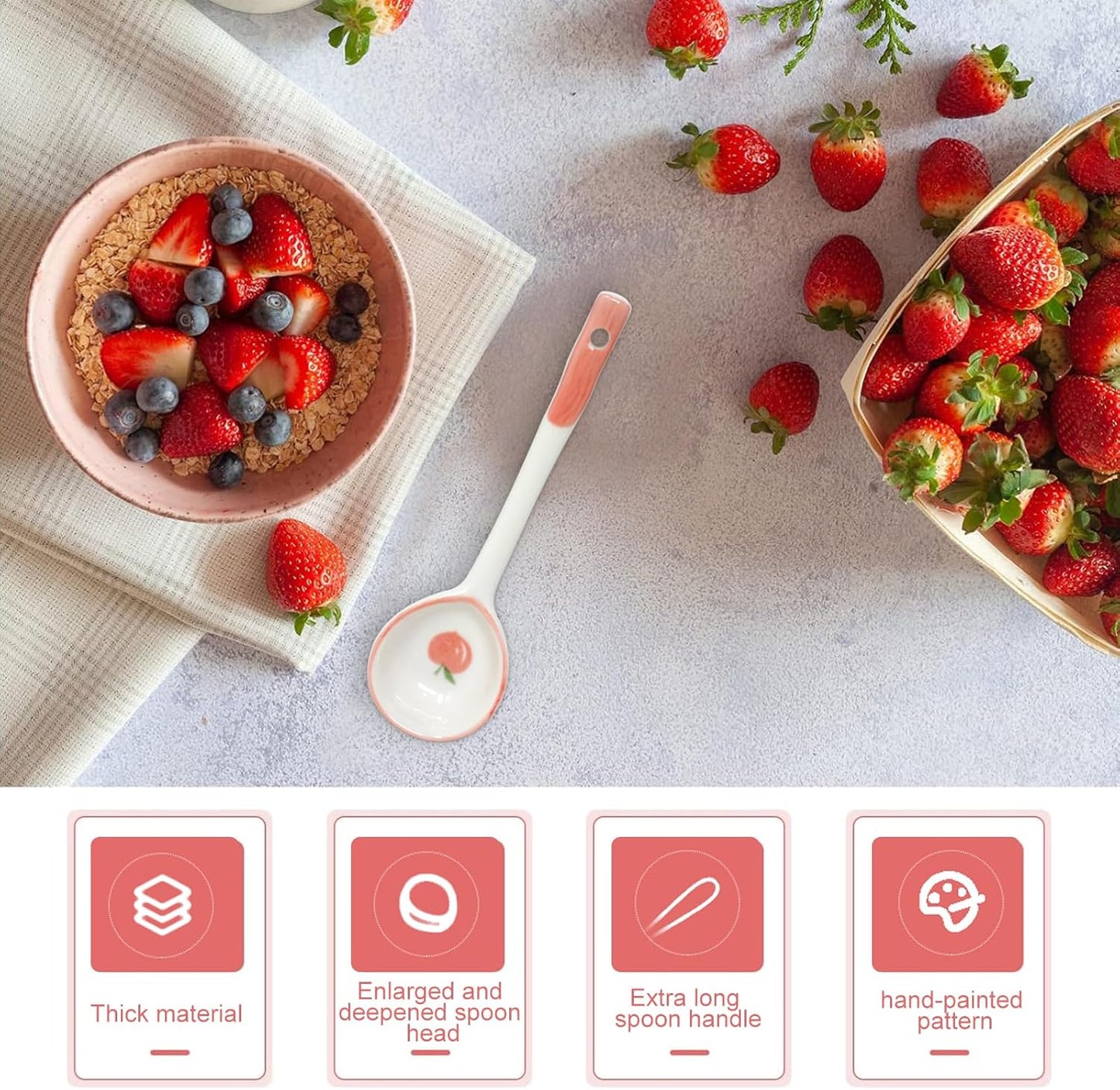Honbay 4PCS Long Handle Ceramic Soup Spoons Cute Fruit Strawberry Orange Peach Pattern Tablespoons Porcelain Spoon with Hanging Hole for Coffee Fruit Dip Stew Porridge Yogurt Ice Cream Desserts
