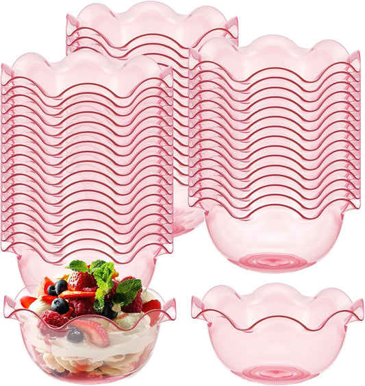 Newtay 50pcs 6oz Small Plastic Dessert Bowls Ice Cream Bowls Reusable Flower Shaped Party Serving Elegant Buffet Serving Cups for Nuts, Salad, Fruit, Snacks and Yogurt (Pink)