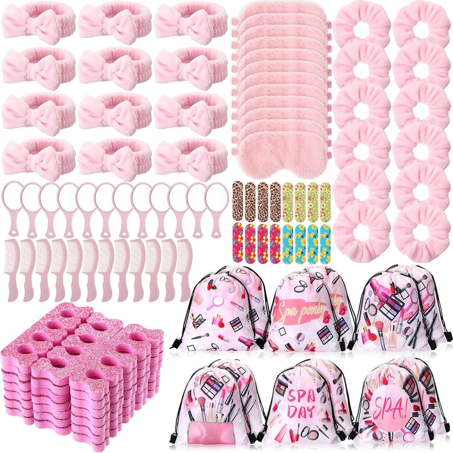 Janinka 108 Pcs Sleepover Spa Party Supplies for 12 Guests, Including Pink Headband, Scrunchies, Eye Mask, Nail File, Toe Separator, Comb, Mirror, Drawstring Bag for Women's Pajama Party