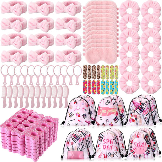 Janinka 108 Pcs Sleepover Spa Party Supplies for 12 Guests, Including Pink Headband, Scrunchies, Eye Mask, Nail File, Toe Separator, Comb, Mirror, Drawstring Bag for Women's Pajama Party