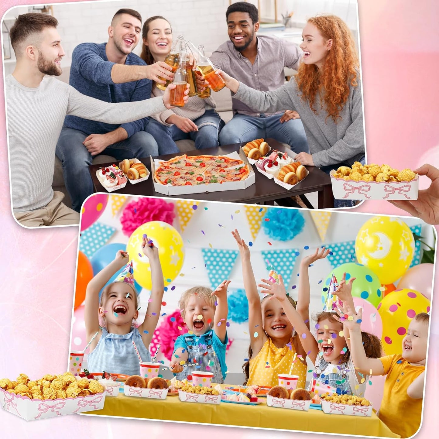 FYSUIMU 60 Pcs Pink Bow Paper Food Trays Watercolor Coquette Bowknot Food Boats Scalloped Disposable Serving Trays for Birthday Baby Shower Bachelorette Party Supplies