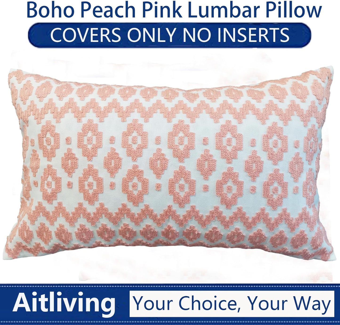 Throw Pillow Cover Embroidered 1pc Summer Couch Accent Decorative Lumbar Pillowcase, Peach 12x20 Empire Diamonds Patterned Peachy Pink and White Motif Nectar Boho Geometric Bolster Cushion Cover