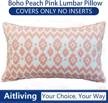 Throw Pillow Cover Embroidered 1pc Summer Couch Accent Decorative Lumbar Pillowcase, Peach 12x20 Empire Diamonds Patterned Peachy Pink and White Motif Nectar Boho Geometric Bolster Cushion Cover