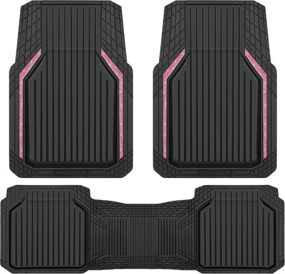 CAR PASS Pink Heavy Duty Rubber Floor Mats for Car, Waterproof Liner Deep Dish Bling Car Mats Full Sets, Universal Trim to Fit for SUV Truck Sedans Vans, All Weather Floor Mats, Pink Sparkly